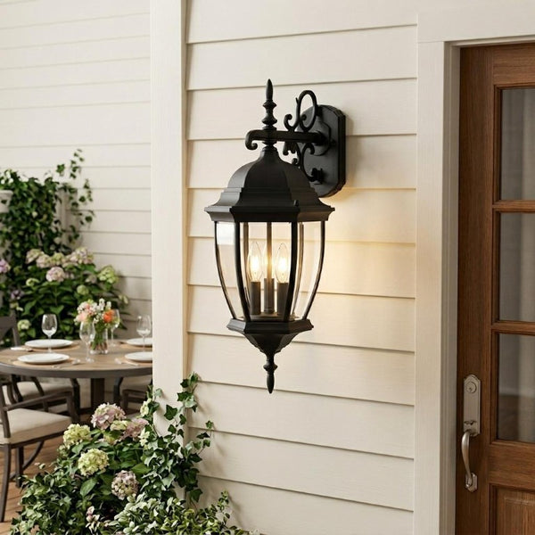 Matte Black Iron Ornamental Hanging Lantern Sconce for Porch or Entryway Decor