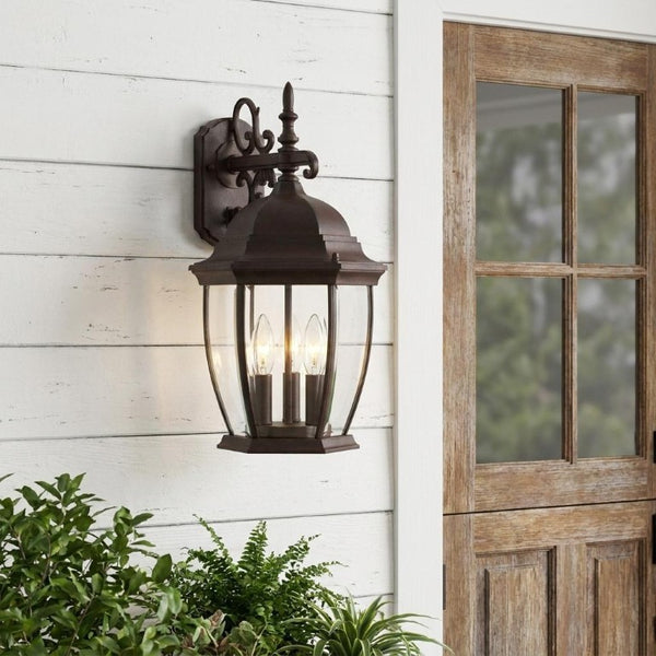Three Bulb Dark Bronze Lantern Sconce Rustic Farmhouse Entryway Hanging Wall Fixture