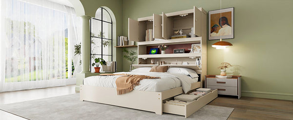 English Elm Full Size Wooden Platform Bed With Usb Charging, Storage Headboard & Elegant Drawers In Cream N820S00045K