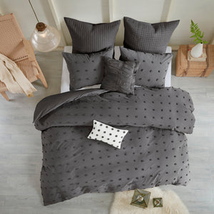 JLA Home Urban Habitat - Cotton Brooklyn Cotton Jacquard Duvet Cover Set with Tufted Chenille Dots, Quilted Euro Shams and Pillows Charcoal UH12-2259