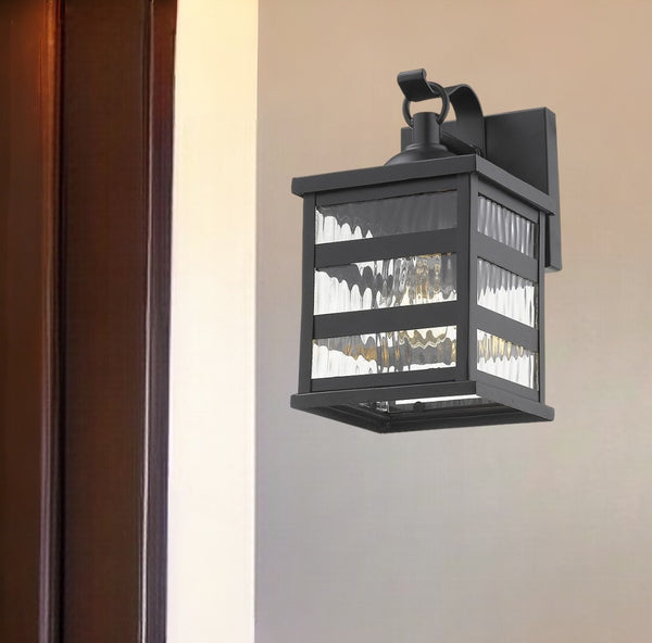 Homeroots Glass Panel Matte Black Outdoor Cage Light   398480