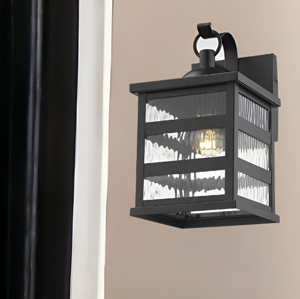 Homeroots Glass Panel Matte Black Outdoor Hanging Light   398481