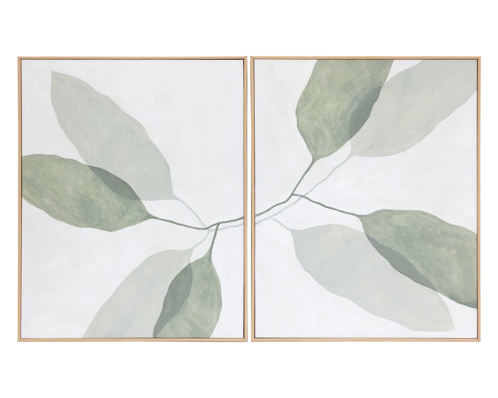 Sunpan Calm Nature-Inspired Wall Art Set of 2 – Hand-Painted Leaf Design in Natural Wood Frame, 40"x50"