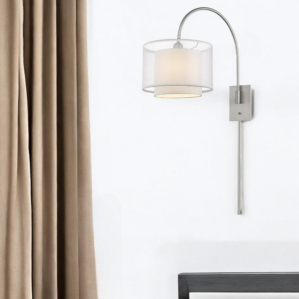 Homeroots Brella 1-light Brushed Nickel Swivel Wall Lamp With Sheer Snow Shantung Two Tier Shade   398654