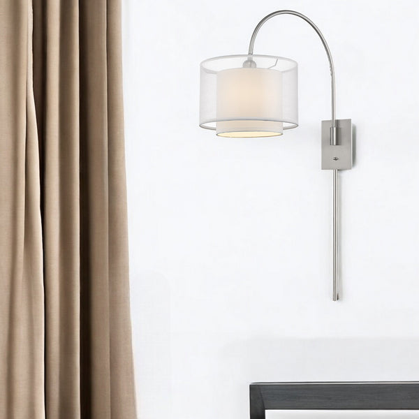 Homeroots Brella 1-light Brushed Nickel Swivel Wall Lamp With Sheer Snow Shantung Two Tier Shade   398654