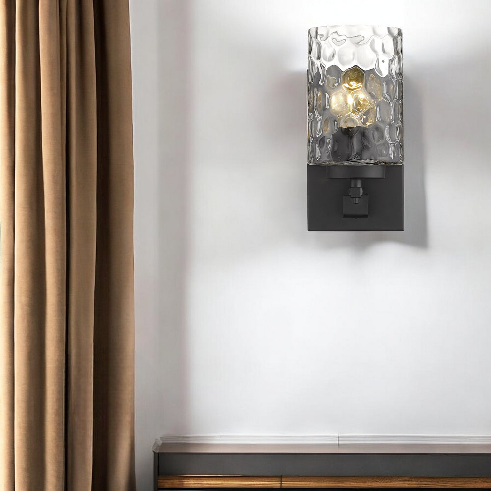 Homeroots Black Metal And Pebbled Glass Wall Sconce   398656