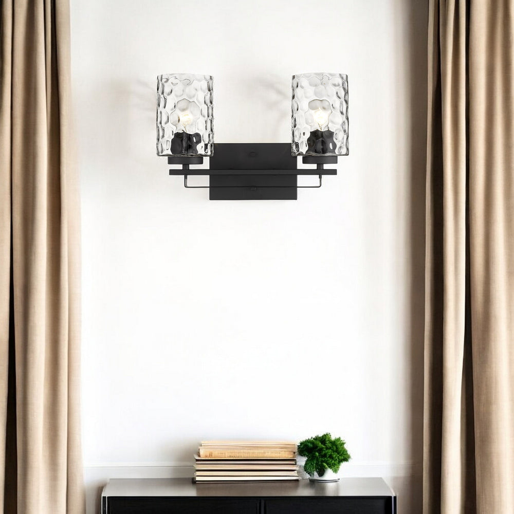 Homeroots Black Metal And Pebbled Glass Two Light Wall Sconce   398659