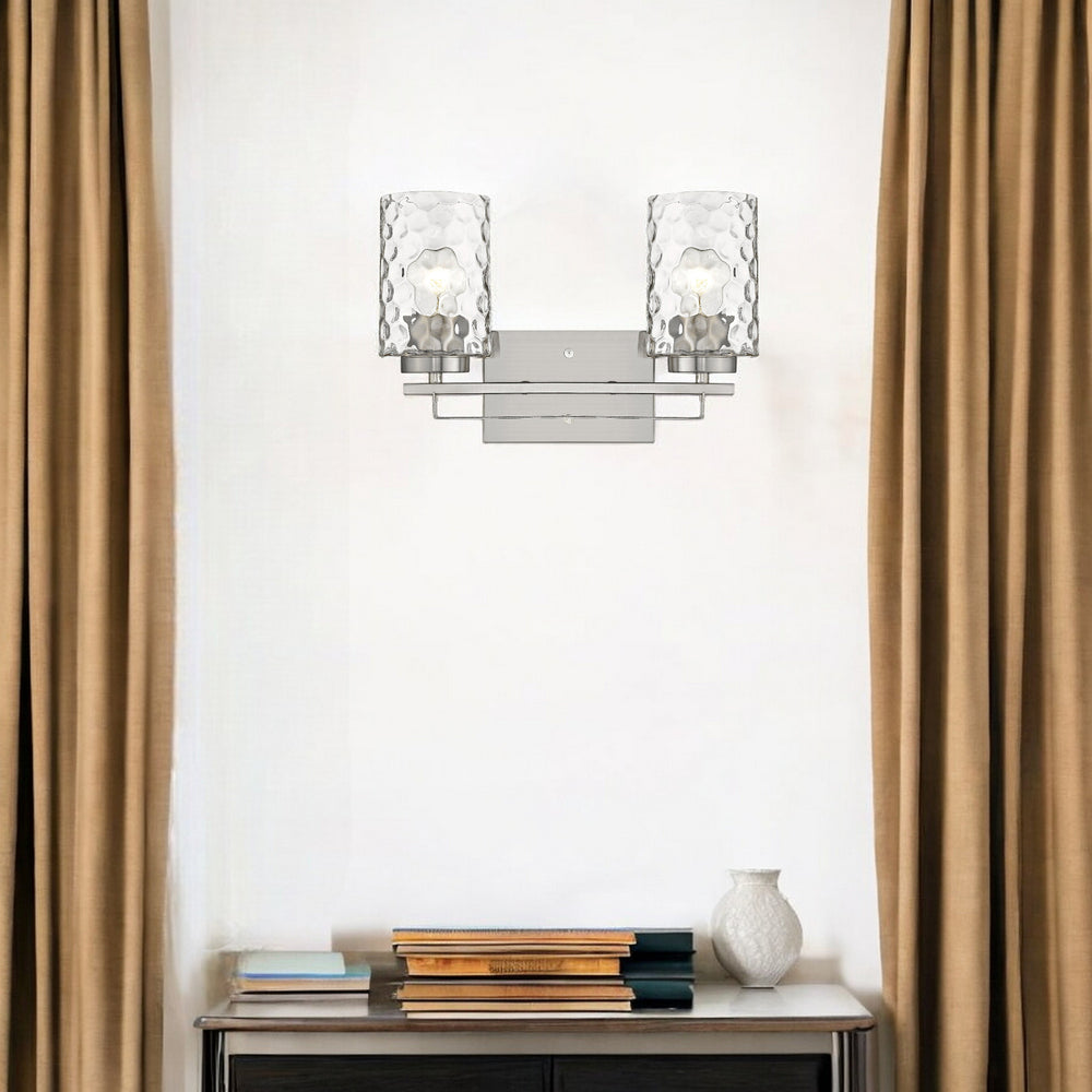 Homeroots Silver Metal And Pebbled Glass Two Light Wall Sconce   398661
