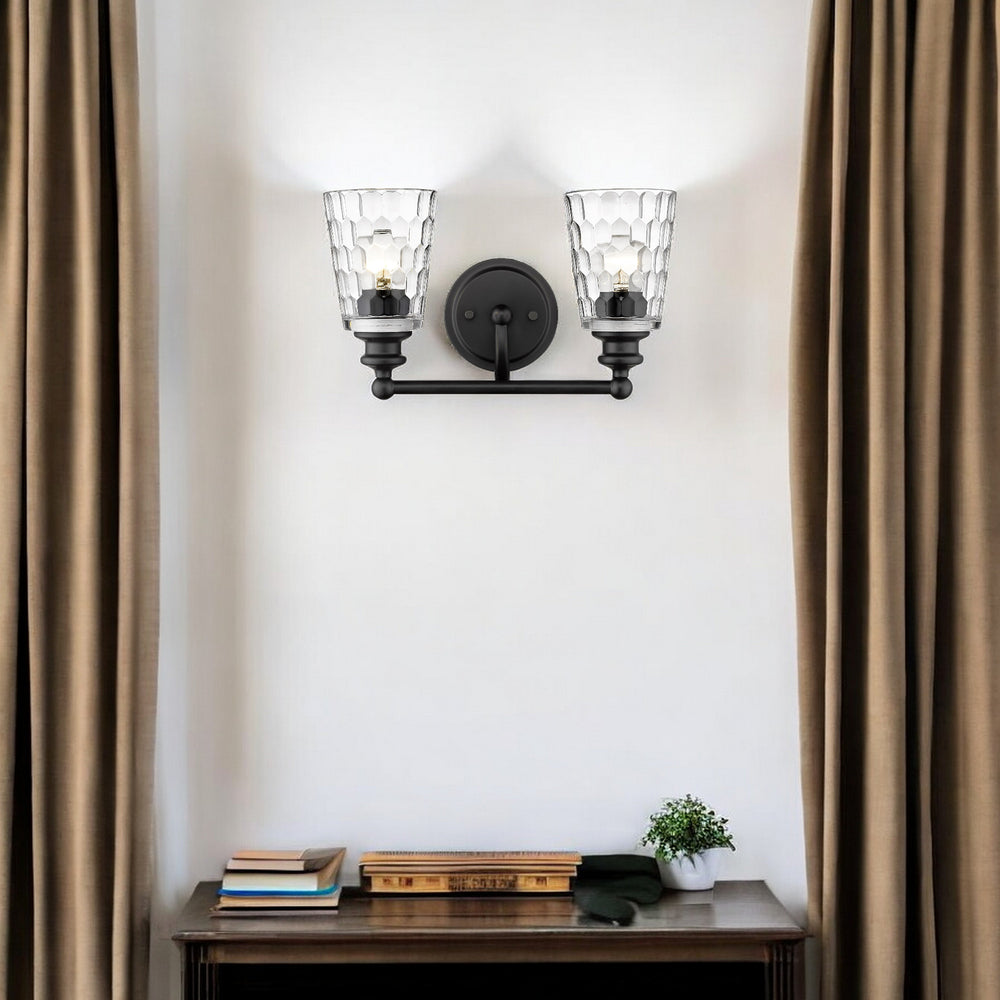 Homeroots Black Metal And Pebbled Glass Two Light Wall Light   398671