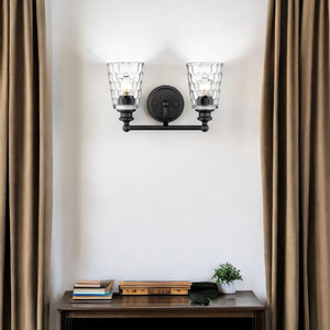 Homeroots Black Metal And Pebbled Glass Two Light Wall Light   398671