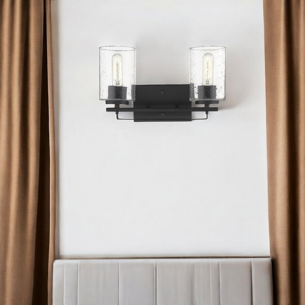 Homeroots Black Metal And Textured Glass Two Light Wall Sconce   398688