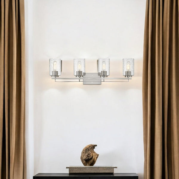 HomeRoots Orella 4-Light Satin Nickel Vanity Fixture - Modern Design with Seedy Glass for Elegant Illumination 398696