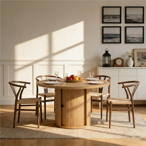 English Elm 4-piece Round Pedestal Dining Set with Woven Wishbone Chairs and Fluted Column Base Walnut,Wood W2920S00142
