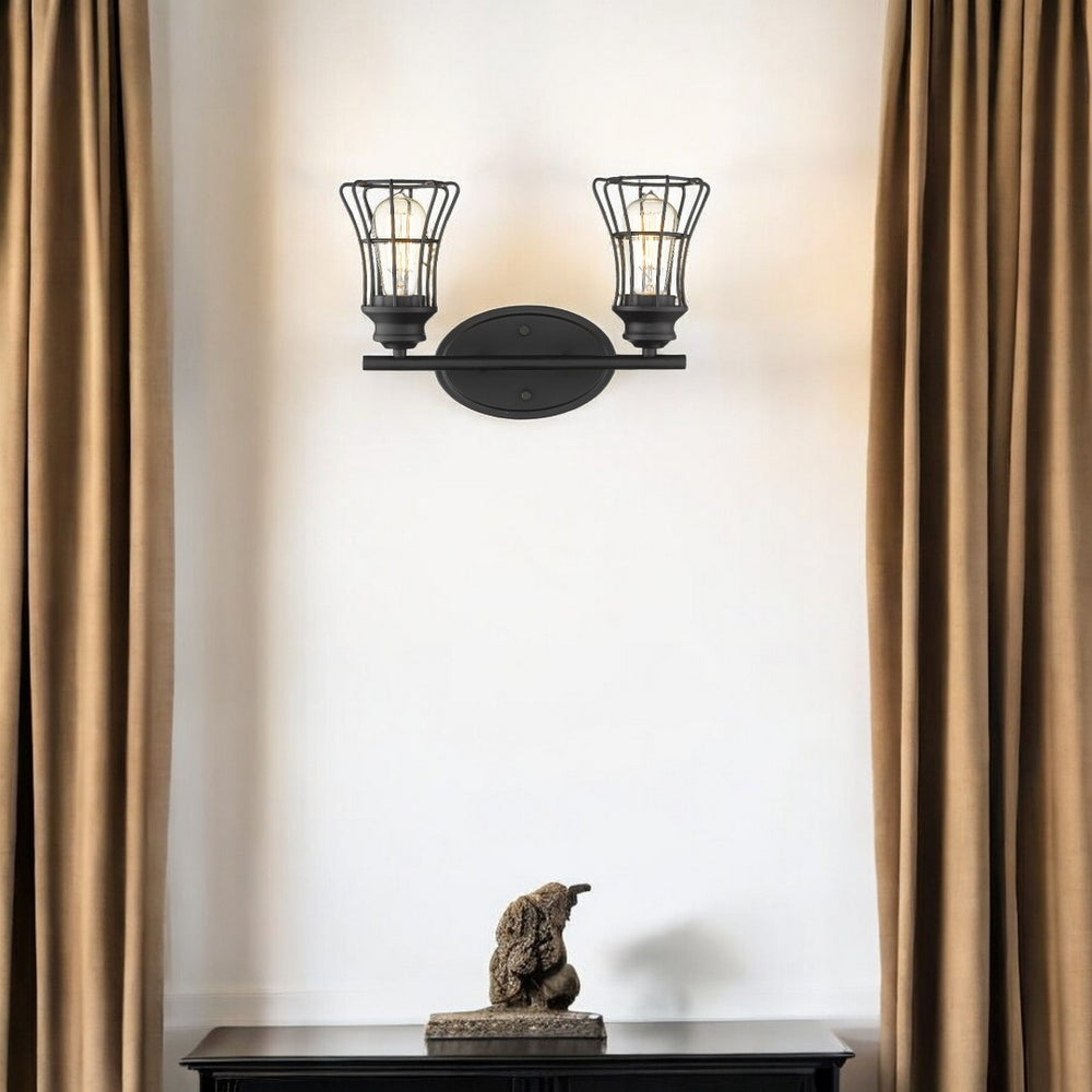 HomeRoots Two Light Matte Black Cage Wall Sconce - Vintage-Industrial Design for Any Space, Hardwired Illumination 398714