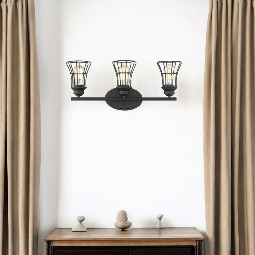 HomeRoots Three Light Matte Black Cage Wall Sconce - Vintage-Industrial Charm for Stylish Home Illumination 398716