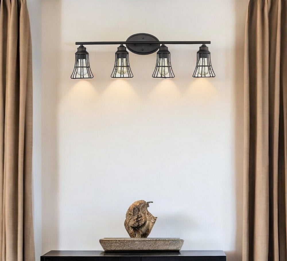HomeRoots Piers 4-Light Vanity in Oil-Rubbed Bronze - Industrial Style with Reversible Mounting & Custom Brightness 398719