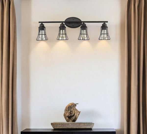HomeRoots Piers 4-Light Vanity in Oil-Rubbed Bronze - Industrial Style with Reversible Mounting & Custom Brightness 398719