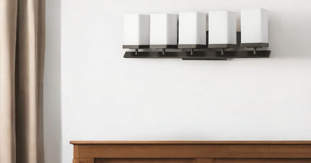 HomeRoots Burgundy 5-Light Vanity Light in Oil-Rubbed Bronze with Hand-Blown Etched Glass Shades for Modern Charm 398728