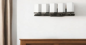 HomeRoots Burgundy 5-Light Vanity Light in Oil-Rubbed Bronze with Hand-Blown Etched Glass Shades for Modern Charm 398728
