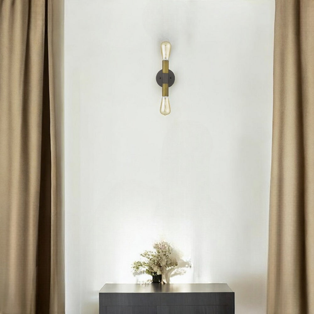 HomeRoots Two Light Brass and Wood Wall Sconce – Industrial Charm for Stylish Living Rooms and Hallways 398756