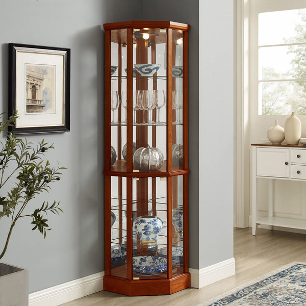 English Elm 6 Shelf Lighted Corner Curio Cabinet with Adjustable Tempered Glass Shelves, Acrylic Mirror Back, Solid Wood Frame Oak W1693P170925