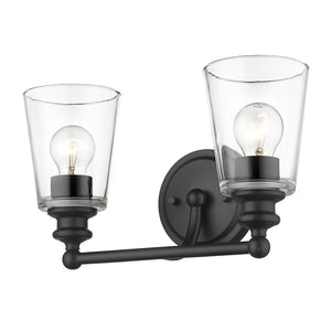 HomeRoots Two Light Matte Black Wall Sconce with Clear Cone Glass Shades - Modern Illumination for Any Room 398760