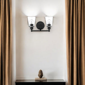 HomeRoots Two Light Matte Black Wall Sconce with Clear Cone Glass Shades - Modern Illumination for Any Room 398760