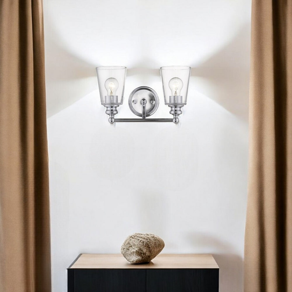 HomeRoots Two Light Silver Wall Sconce with Clear Glass Shades – Modern Elegance for Hallways & Bathrooms 398761