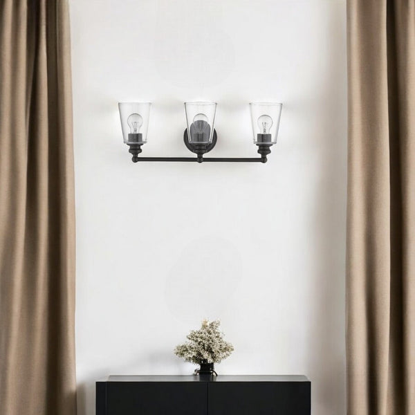 HomeRoots Three Light Antique Bronze Wall Sconce with Clear Cone Shades - Elegant Fixture for Any Room 398765