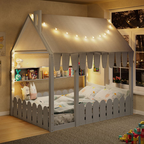 English Elm {slats Are Not Included} Twin Montessori House Floor Bed Kids Tent Lights Shelves Pinewood Frame Gray N708P407963E