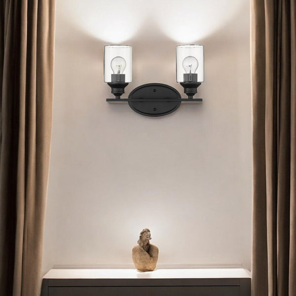 HomeRoots Two Light Matte Black Wall Sconce with Clear Glass Shades – Modern Design for Any Room 398776