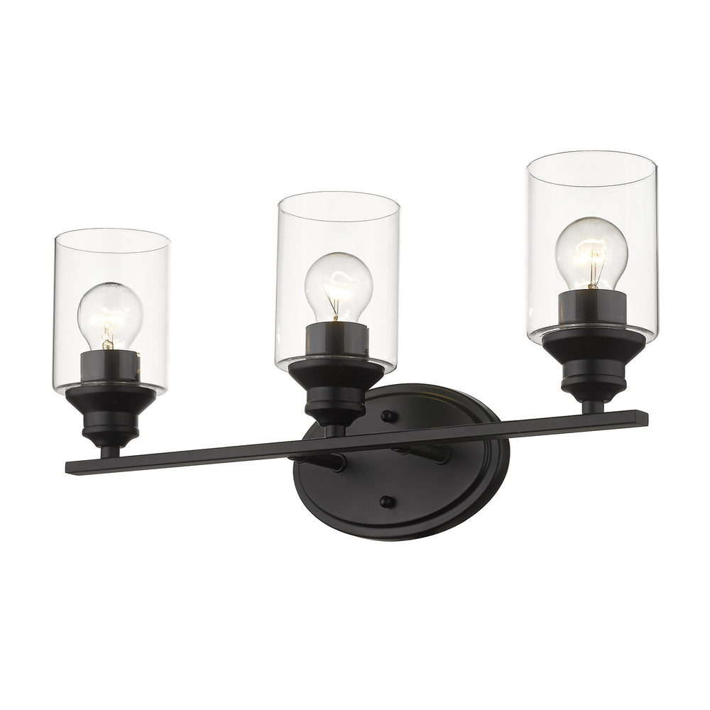 Homeroots Three Light Matte Black Wall Light With Clear Glass Shade   398779