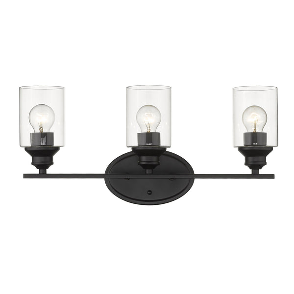 Homeroots Three Light Matte Black Wall Light With Clear Glass Shade   398779