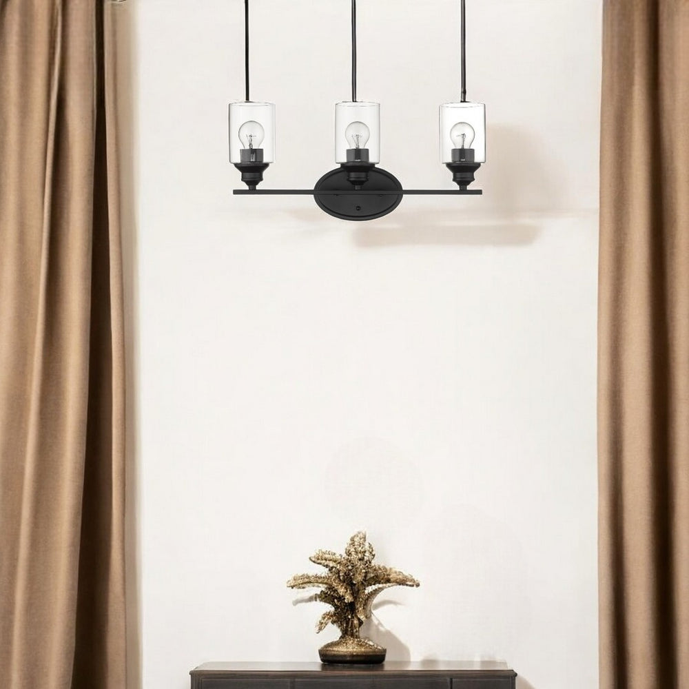 HomeRoots Three Light Matte Black Wall Fixture with Clear Glass Shades - Modern Design for Any Space 398779