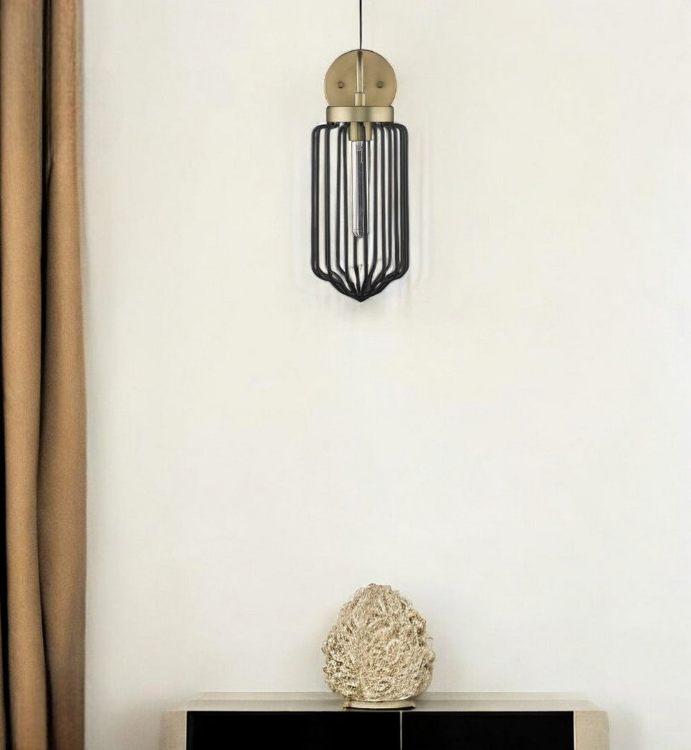 HomeRoots Gold Metal Cage Wall Sconce – Modern Two-Tone Black & Brass Accent Light for Stylish Home Decor 398785