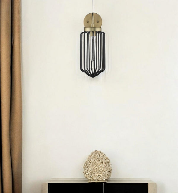 HomeRoots Gold Metal Cage Wall Sconce – Modern Two-Tone Black & Brass Accent Light for Stylish Home Decor 398785