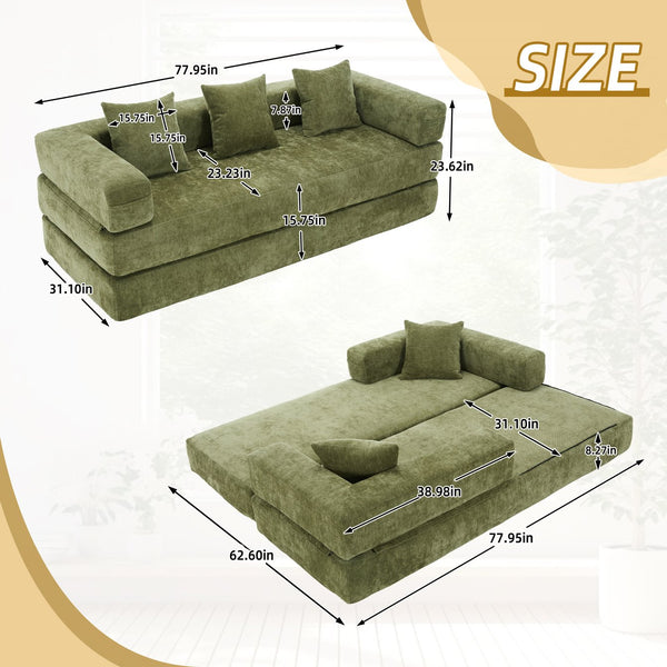 English Elm UNITED Folding Sofa Bed with Removable Cover Zipper, Chenille Memory Foam Sleeper for Small Spaces Green W1568P293807