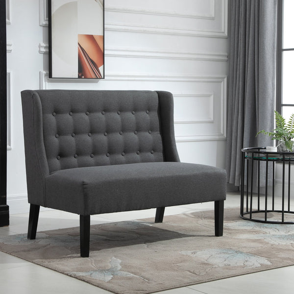 English Elm HOMCOM Mid-Century Wingback Loveseat Linen Upholstered Button-Tufted Two-Seater Sofa with Wood Legs Gray W2225P217478