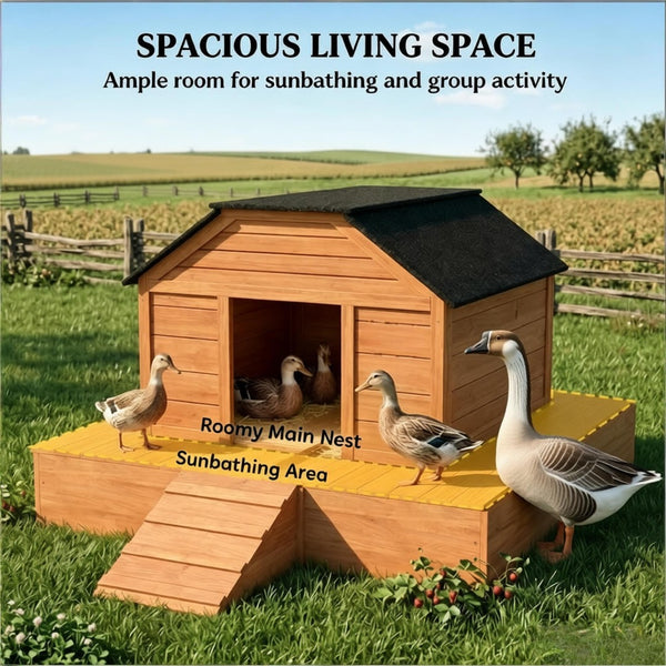 English Elm Poultry Floating Fir Wood Duck House with Asphalt Roof Ramp and Dual Ventilation Doors T3971P501996