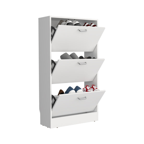 English Elm Inola Modern Pull-Down Shoe Rack — Slim 3-Compartment White Storage for 18 Pairs, Entryway-Friendly B200P361994