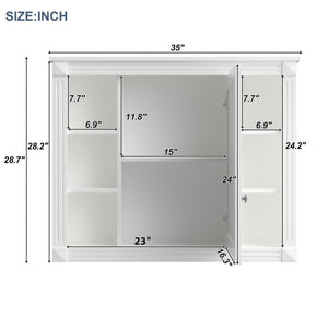 English Elm 35'' Modern Medicine Cabinet with Mirror and Towel Rod, MDF Wall-Mounted Bathroom Storage with Adjustable Shelves and Soft-Close Hinges White WF305081AAK