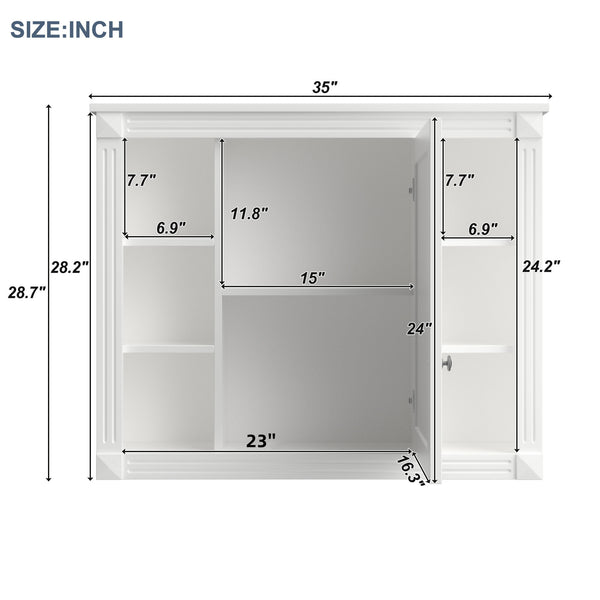 English Elm 35'' Modern Medicine Cabinet with Mirror and Towel Rod, MDF Wall-Mounted Bathroom Storage with Adjustable Shelves and Soft-Close Hinges White WF305081AAK