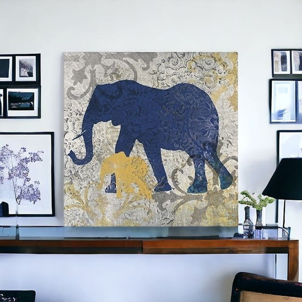 Homeroots Exotic Blue And Gold Elephant Unframed Print Wall Art  Polyester 398846
