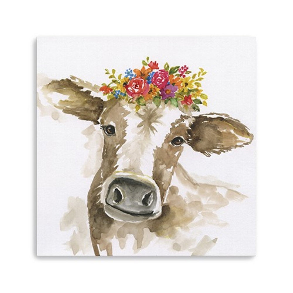 HomeRoots Watercolor Floral Cow Canvas Print - Vibrant Wall Art for Modern Home Décor, Ready to Hang 30"x30" 398866