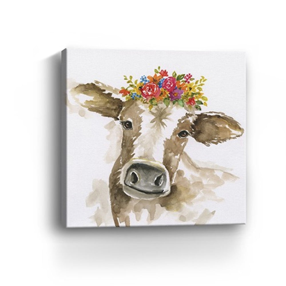 HomeRoots Watercolor Floral Cow Canvas Print - Vibrant Wall Art for Modern Home Décor, Ready to Hang 30"x30" 398866