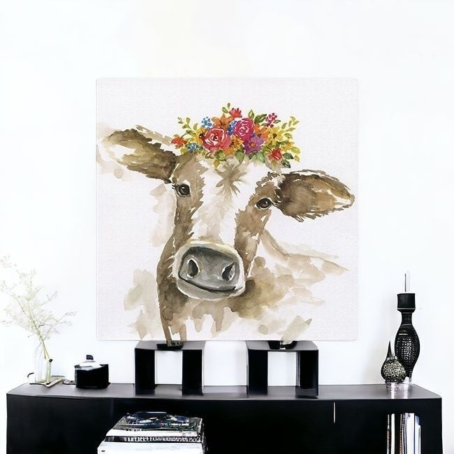 Homeroots Watercolor Floral Cow Unframed Print Wall Art  Polyester 398867