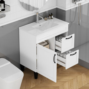 English Elm 31.5-inch Modern Bathroom Vanity with Integrated Ceramic Basin, Soft-Close Drawers, Black Accents White 35.04 L x 22.05 W x 7.68 H W3151S00061