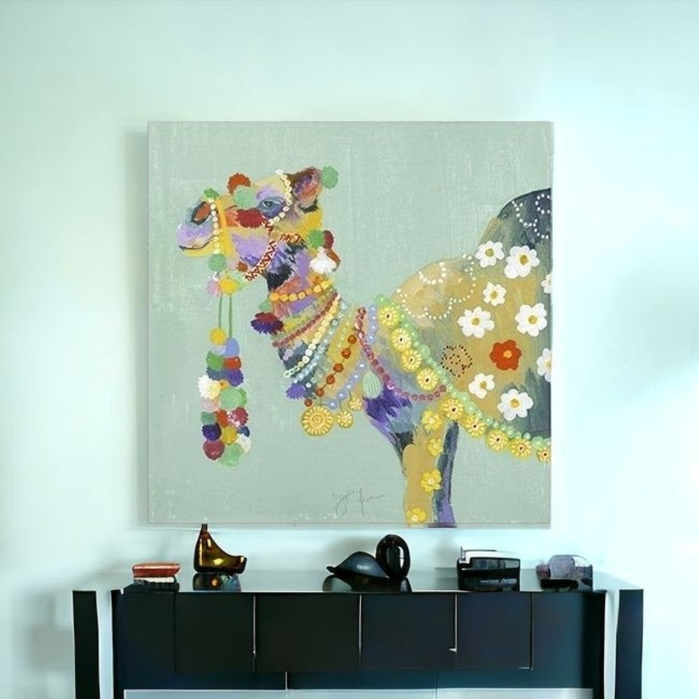 HomeRoots Moroccan Party Camel Canvas Print - Vibrant Wall Art for Modern Bohemian Home Decor and Spaces 40"x40" 398881