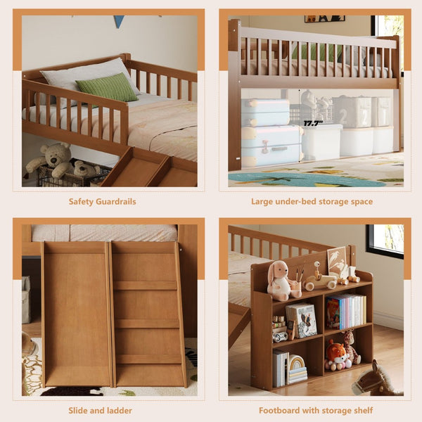 English Elm Twin Platform Kids Bed with Slide Ladder Guardrails Storage Shelf Wood Frame Walnut N733S415411M