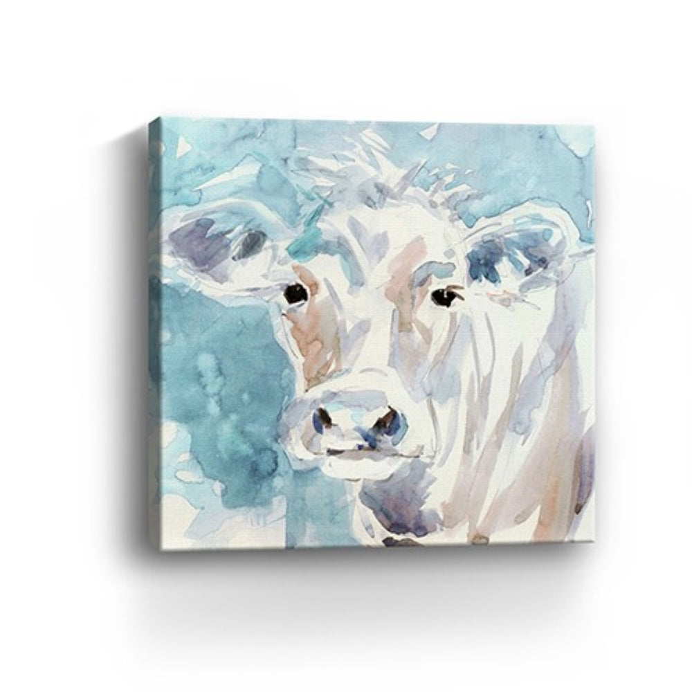 HomeRoots 30" Watercolor Cow Canvas Wall Art - Serene Blue Pastel Portrait for Modern Farmhouse Decor 30"x30" 398924